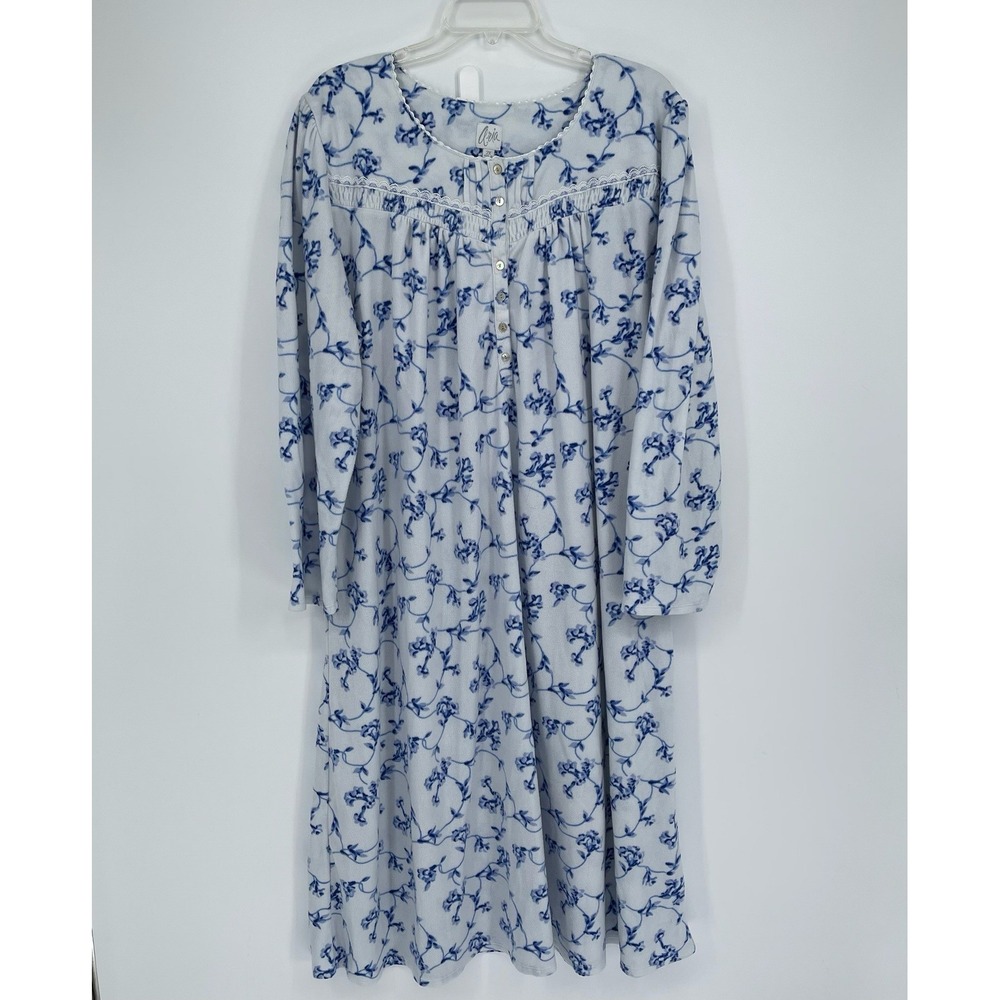 Aria‎ Women's White Blue Floral Fleece Long Sleeve Sleepwear Nightgown Size 2X